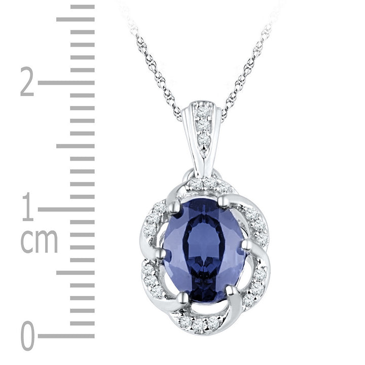 10kt White Gold Womens Oval Lab-Created Blue Sapphire Solitaire Diamond Pendant 1-3/4 Cttw