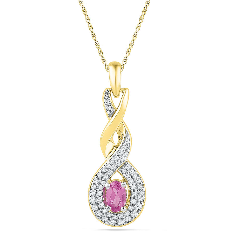 10kt Yellow Gold Women's Pear Lab-Created Pink Sapphire Fashion Pendant 1/5 ctw