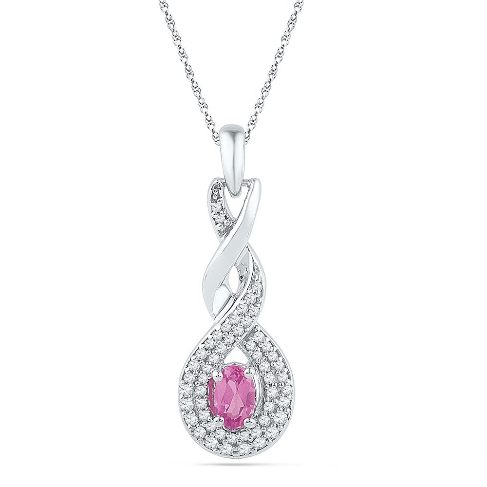 10kt White Gold Women's Oval Lab-Created Pink Sapphire Solitaire Pendant 3/8 ctw