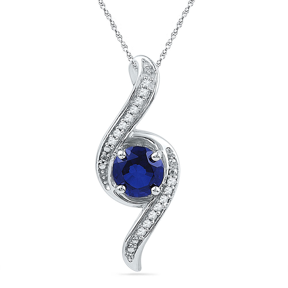 10kt White Gold Women's Lab-Created Blue Sapphire Solitaire Diamond Pendant 1 ctw