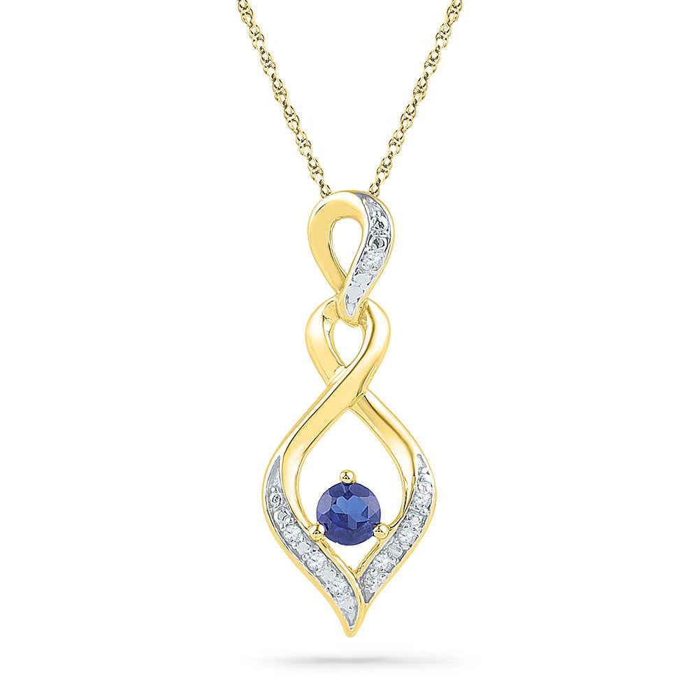 10kt Yellow Gold Women's Lab-Created Blue Sapphire Solitaire Diamond Pendant .02 ctw