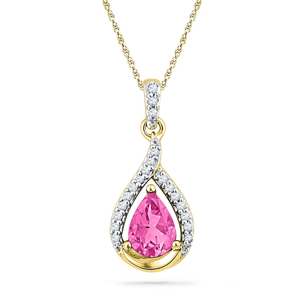 10kt Yellow Gold Women's Pear Lab-Created Pink Sapphire Solitaire Diamond Pendant 1-5/8 ctw