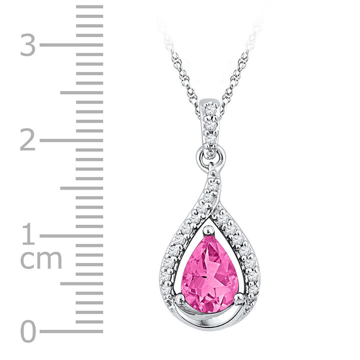 10kt White Gold Women's Pear Lab-Created Pink Sapphire Solitaire Diamond Pendant 1-5/8 ctw