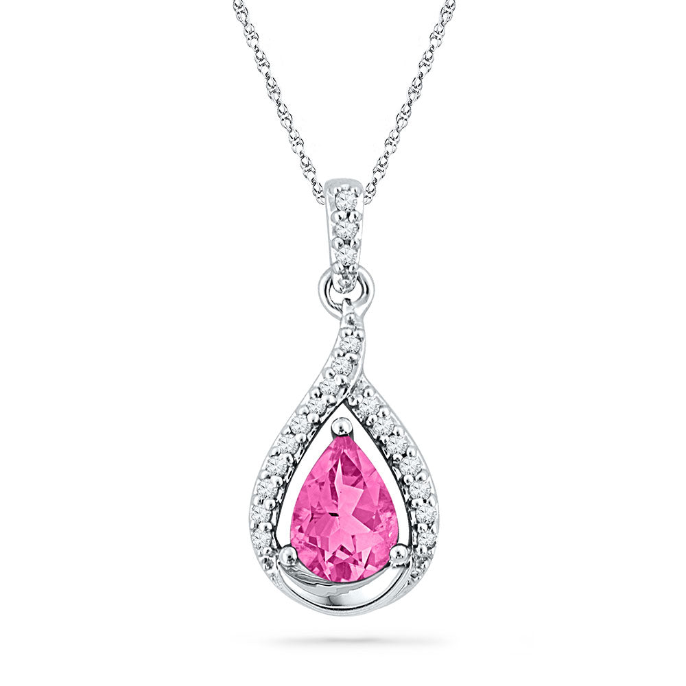 10kt White Gold Women's Pear Lab-Created Pink Sapphire Solitaire Diamond Pendant 1-5/8 ctw - view 2