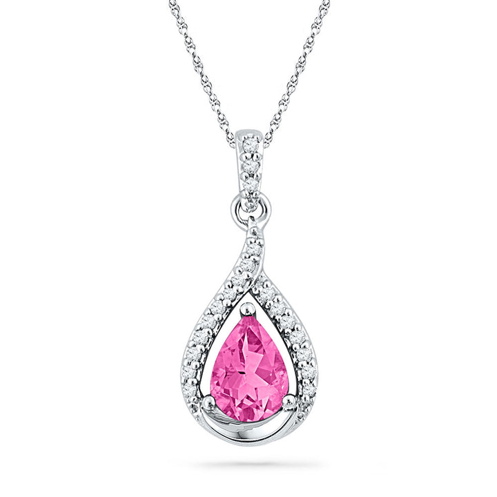 10kt White Gold Women's Pear Lab-Created Pink Sapphire Solitaire Diamond Pendant 1-5/8 ctw - view 2