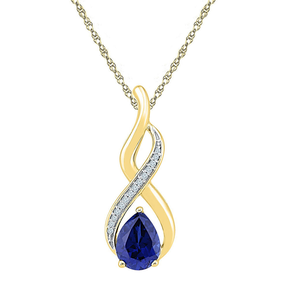 10kt Yellow Gold Women's Pear Lab-Created Blue Sapphire Solitaire Diamond Pendant 1-4/5 ctw