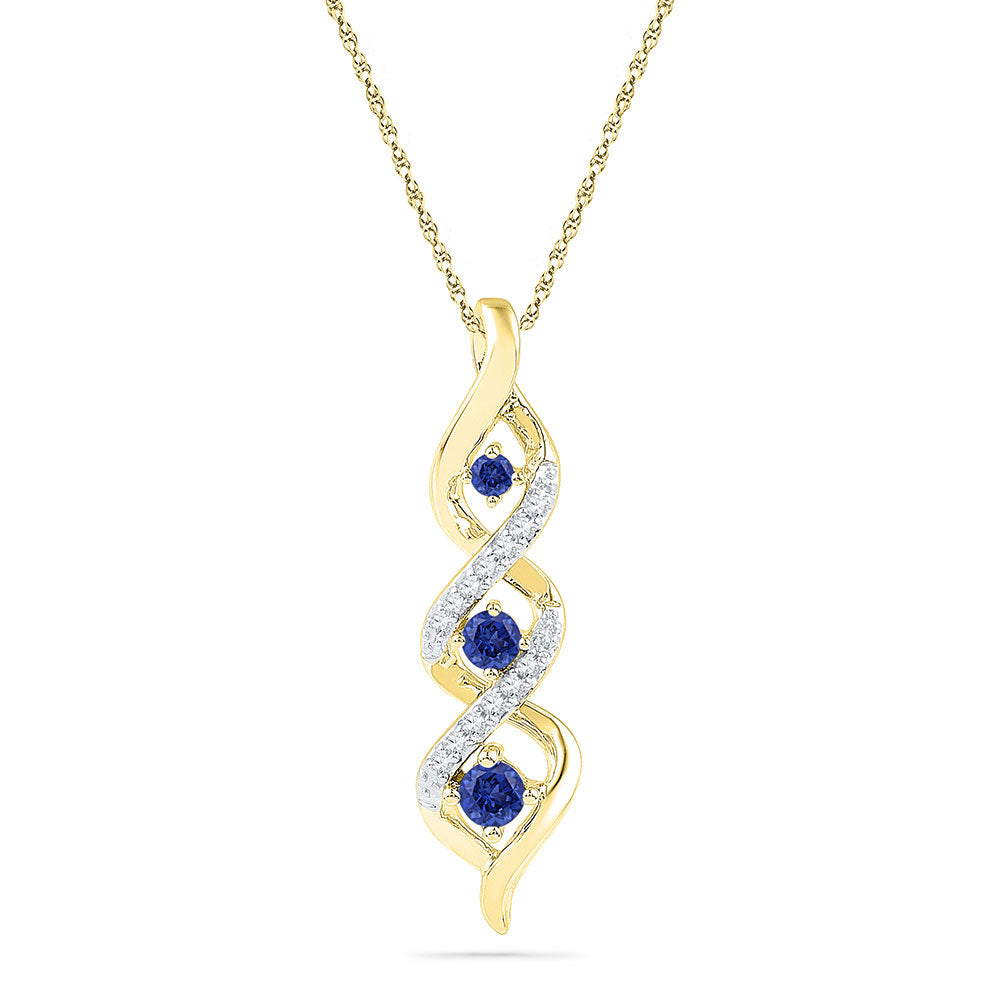 10kt Yellow Gold Women's Lab-Created Blue Sapphire Cascading 3-stone Pendant 1/3 ctw