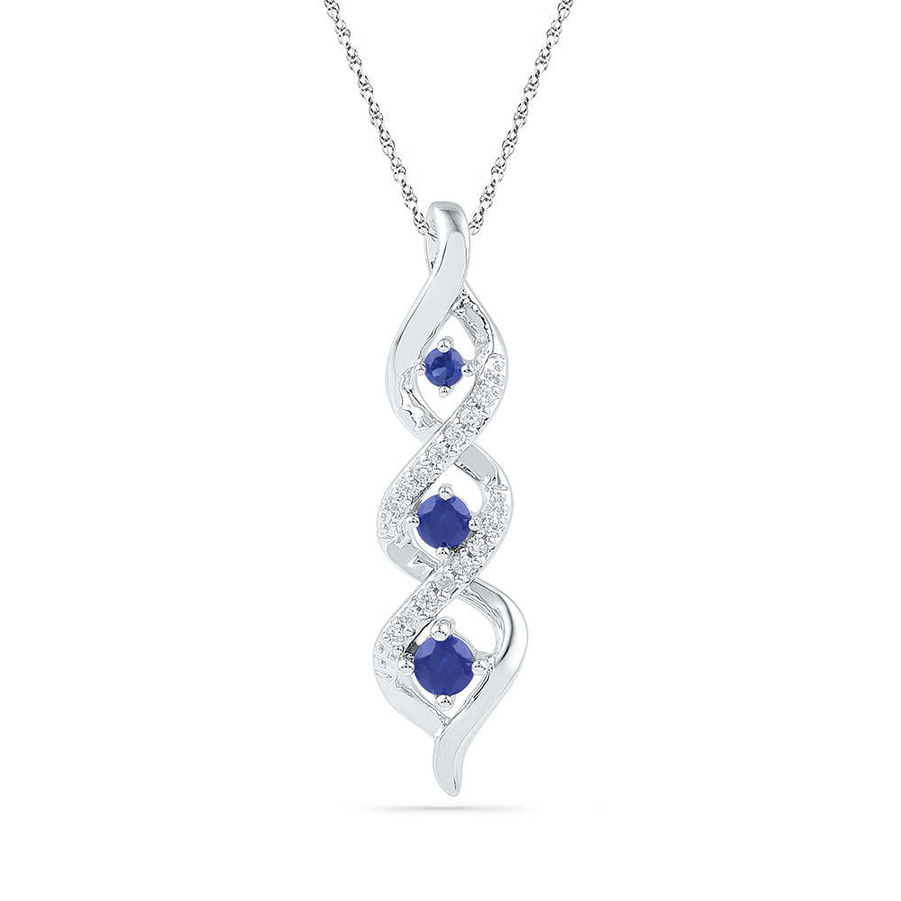 10kt White Gold Women's Lab-Created Blue Sapphire Cascading 3-stone Pendant 1/3 ctw