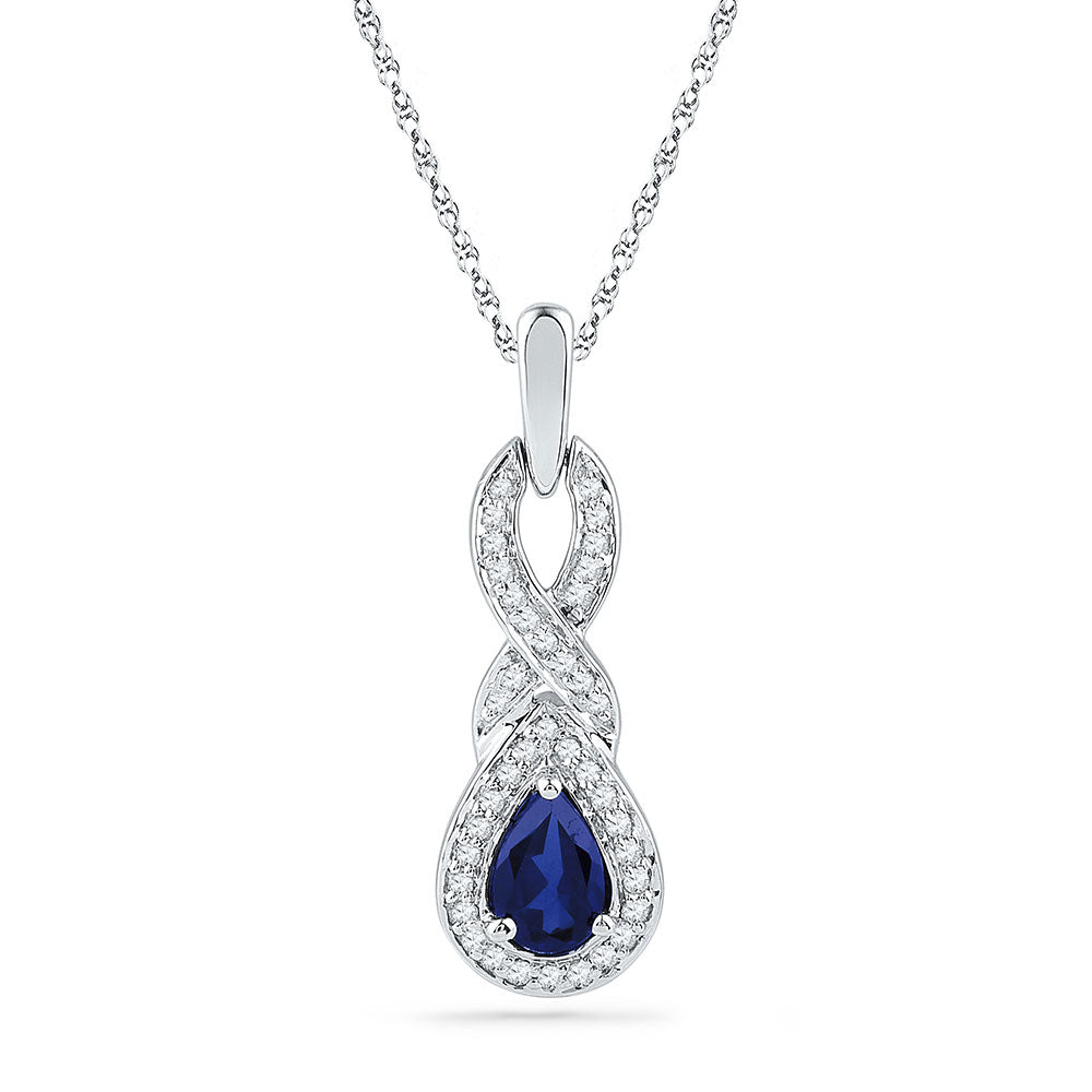 10kt White Gold Women's Pear Lab-Created Blue Sapphire Solitaire Pendant 5/8 ctw