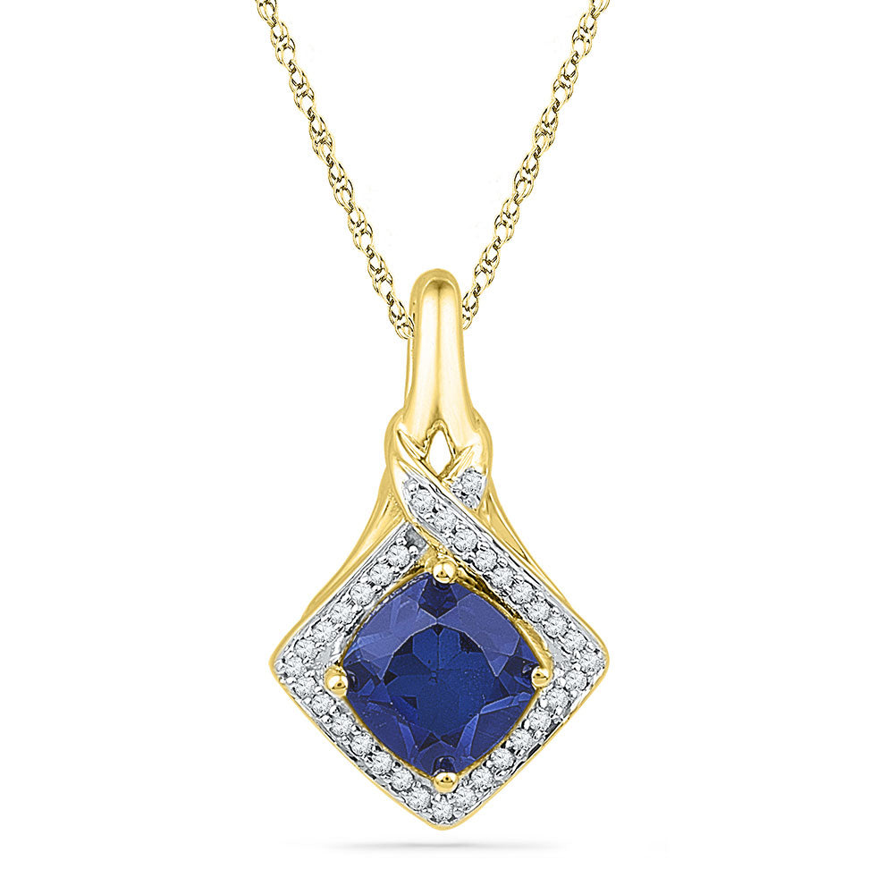 10kt Yellow Gold Women's Lab-Created Blue Sapphire Solitaire Pendant 1-5/8 ctw