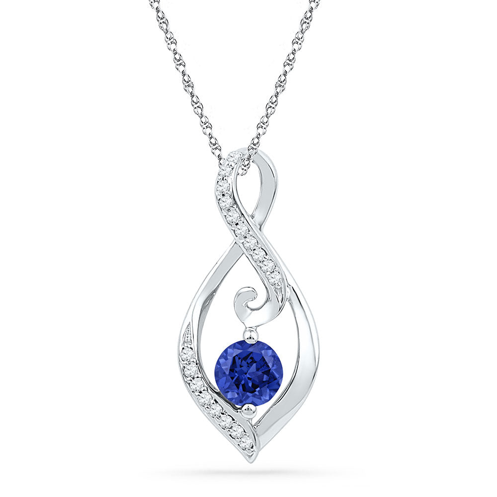 10kt White Gold Women's Lab-Created Blue Sapphire Solitaire Diamond Pendant 1/10 ctw