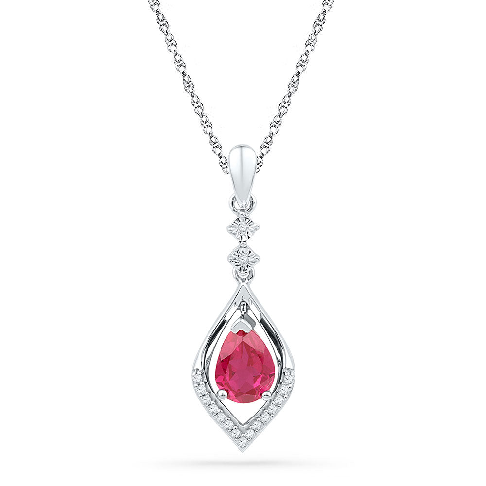 10kt White Gold Women's Lab-Created Pear Red Syn Ruby & Diamond Pendant 1/12 ctw
