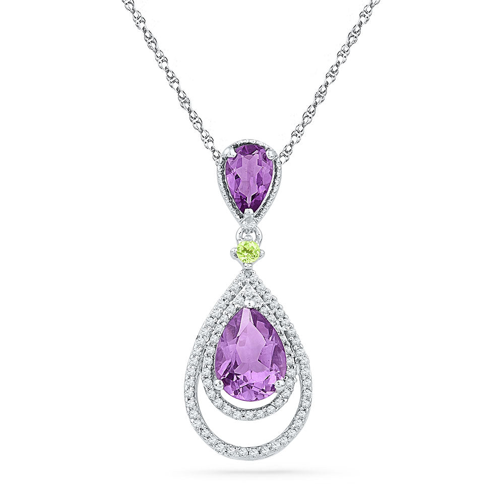 10kt White Gold Women's Oval Lab-Created Amethyst Diamond Teardrop Pendant 1-1/2 ctw