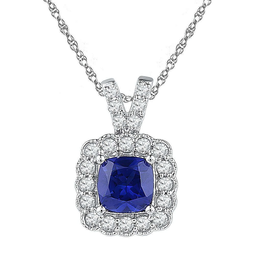 10kt White Gold Women's Lab-Created Syn Blue Sapphire & Lab White Sapphire Pendant 3-1/2 ctw
