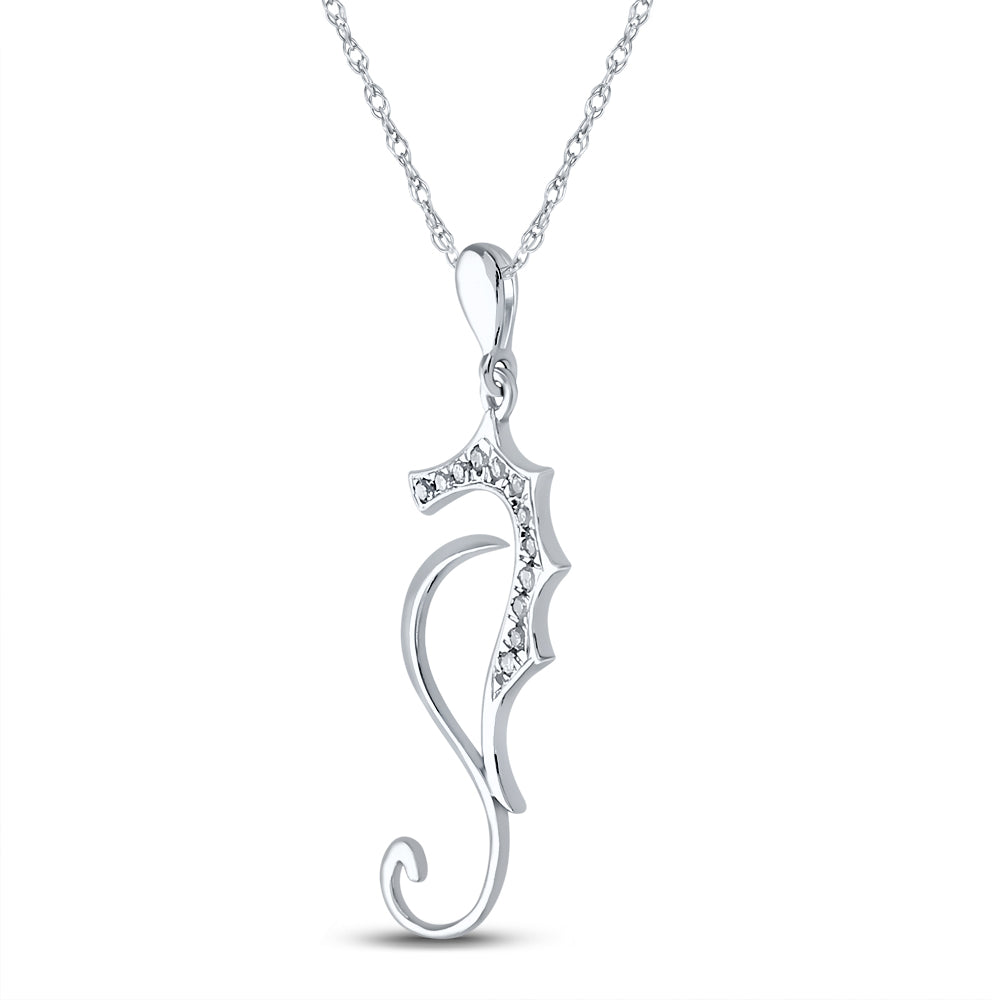 10kt White Gold Women's Diamond Sea Horse Nautical Animal Pendant 1/20 ctw