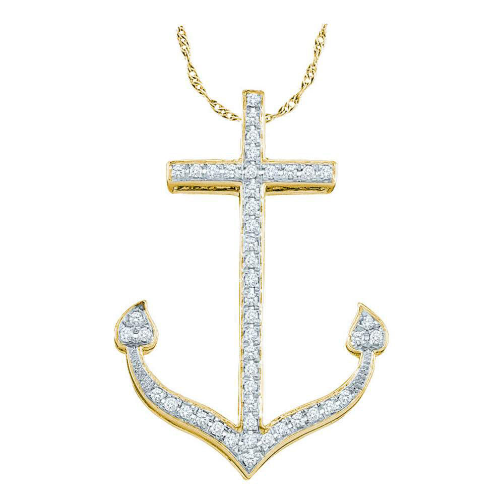 10k Yellow Gold Diamond Women's Anchor Nautical Pendant 1/6 ctw