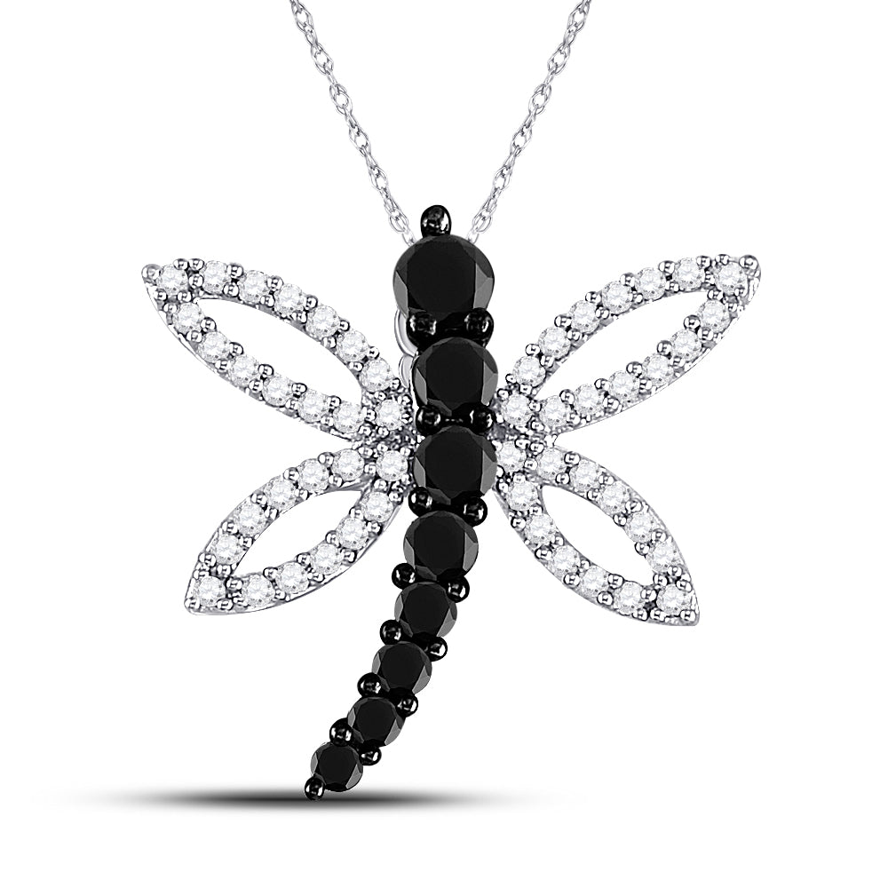 10k White Gold Black Color Enhanced Diamond Women's Dragonfly Insect Bug Flying Pendant 1/2 ctw