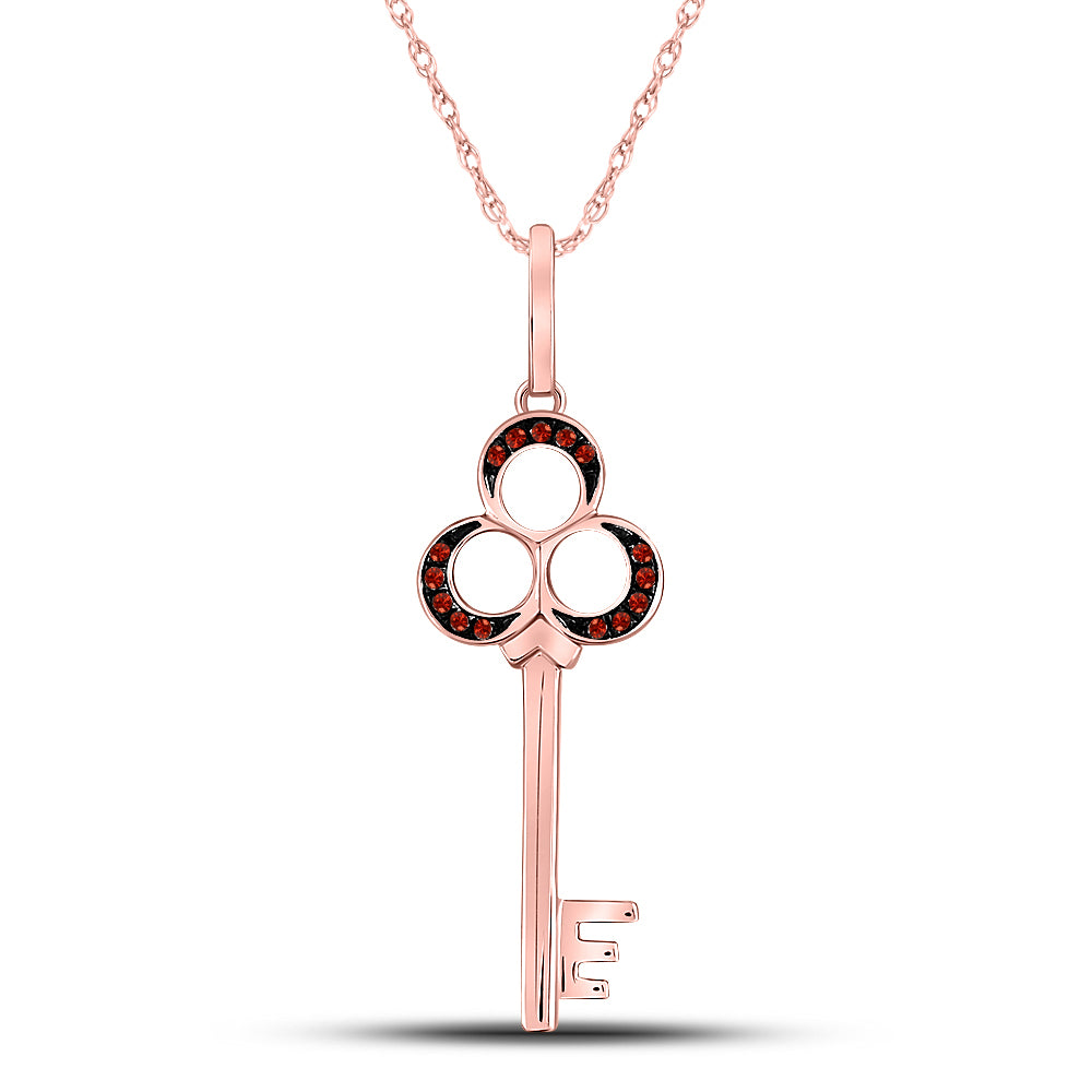10kt Rose Gold Women's Red Color Enhanced Diamond Trefoil Key Pendant 1/20 ctw