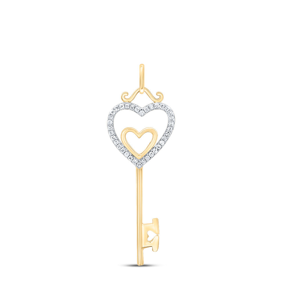10kt Yellow Gold Women's Diamond Key Double Heart Pendant 1/10 ctw