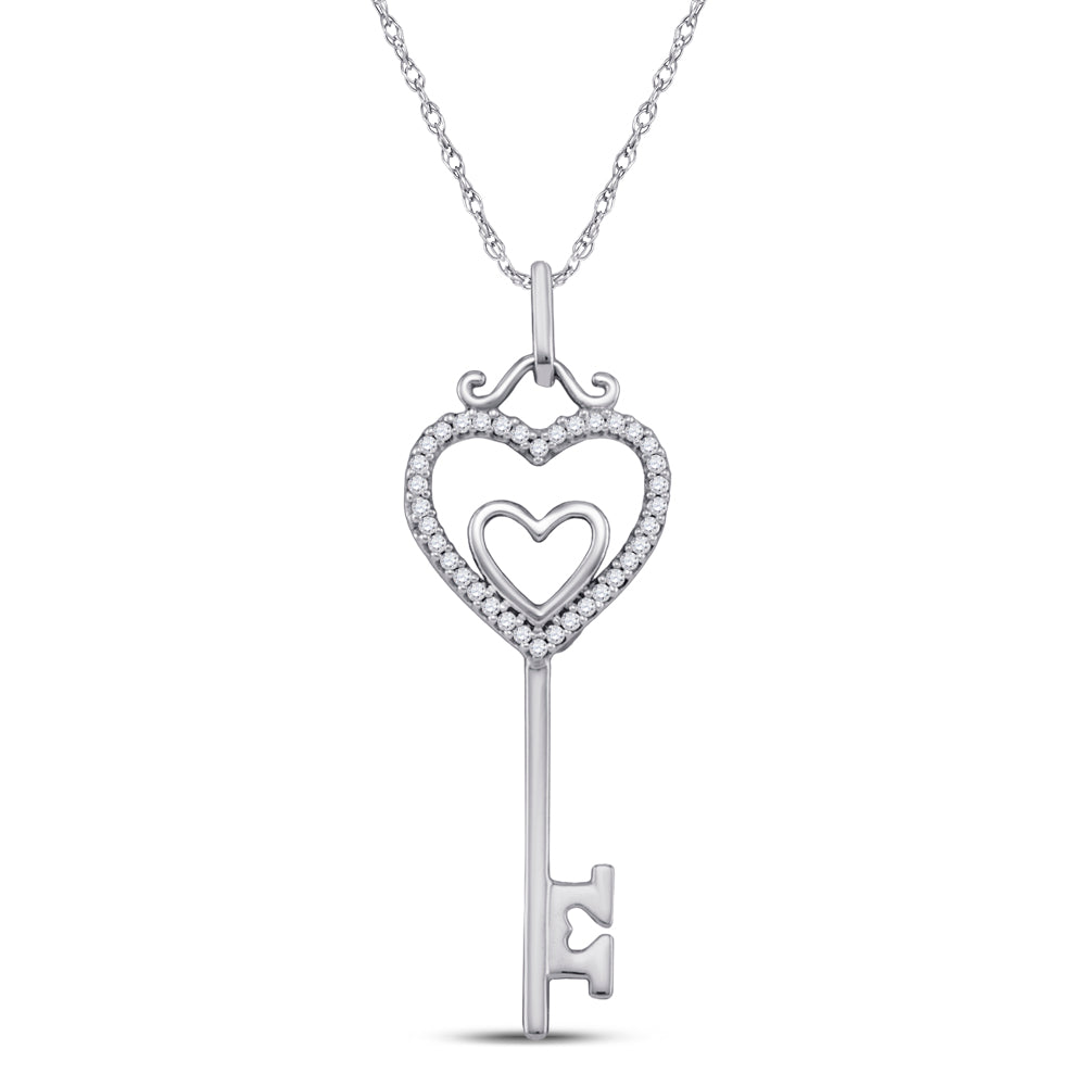 10kt White Gold Women's Diamond Key Double Heart Pendant 1/10 ctw
