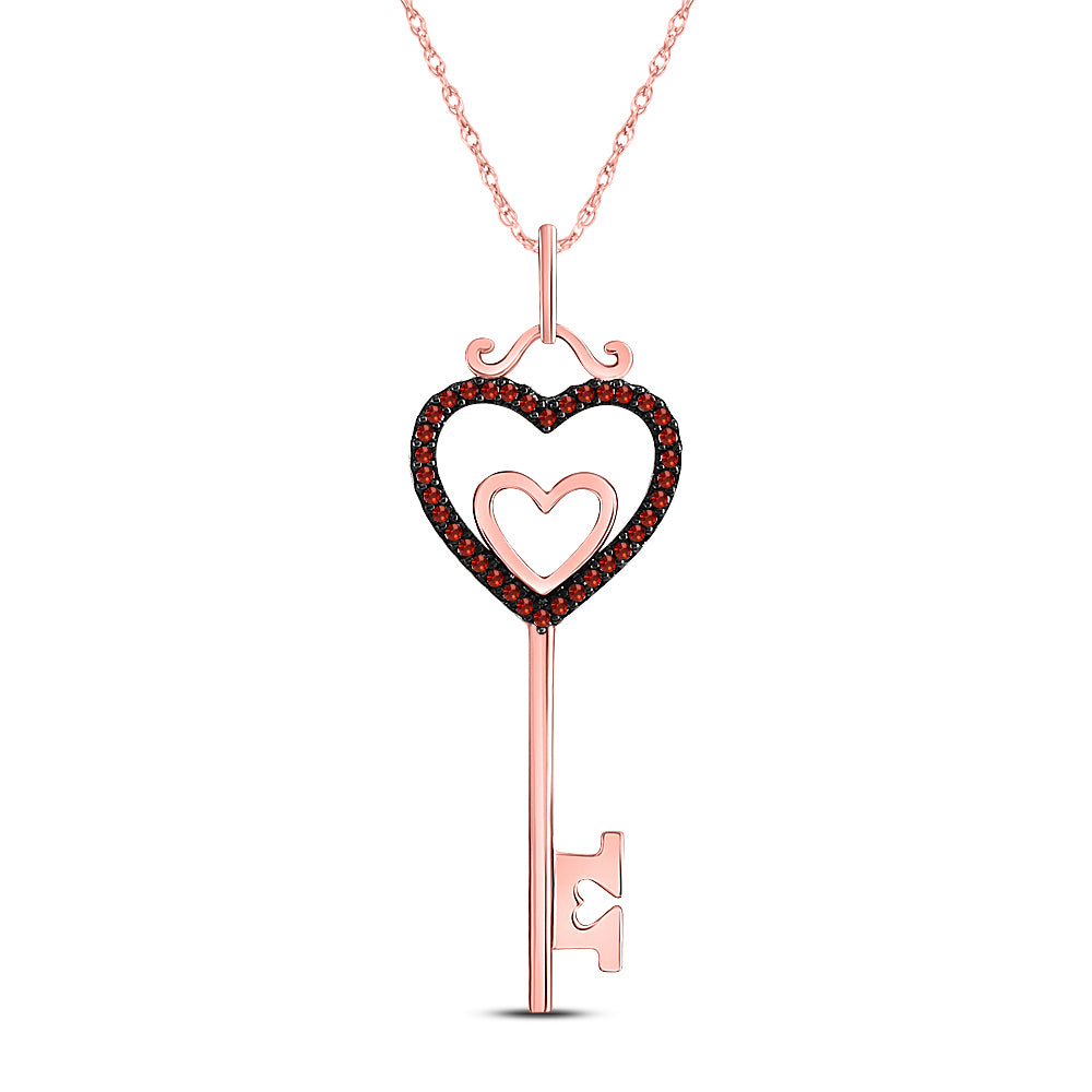 10kt Rose Gold Women's Red Color Enhanced Diamond Key Love Heart Pendant 1/10 ctw