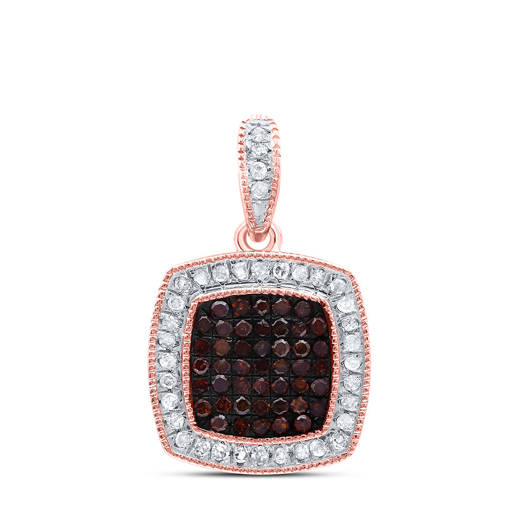 10kt Rose Gold Women's Red Color Enhanced Diamond Square Cluster Pendant 1/5 ctw