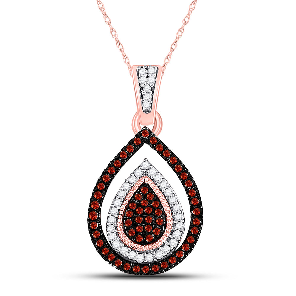 10kt Rose Gold Women's Red Color Enhanced Diamond Teardrop Frame Cluster Pendant 1/4 ctw