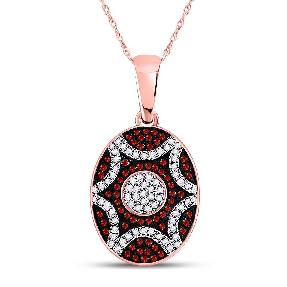 10kt Rose Gold Women's Red Color Enhanced Diamond Oval Starburst Pendant 1/3 ctw