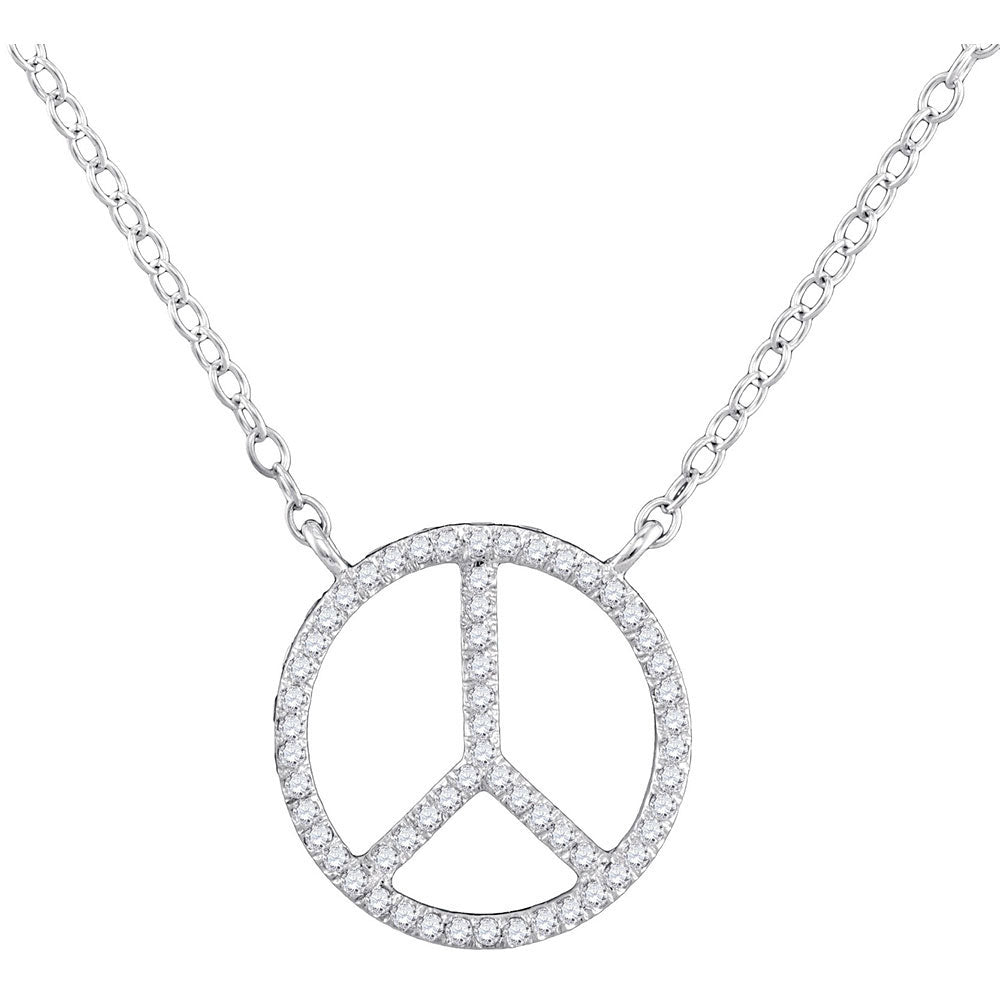 10kt White Gold Women's Diamond Peace Sign Circle Pendant Necklace 1/6 ctw