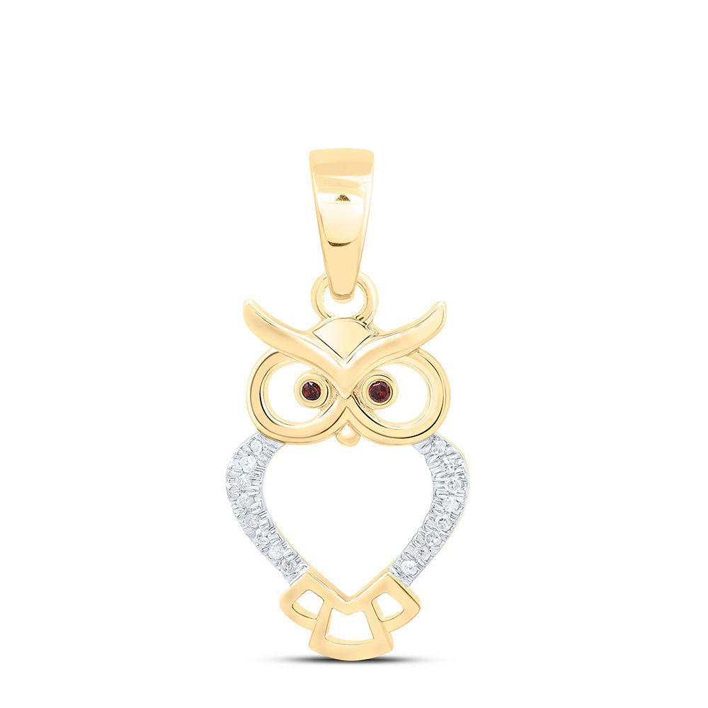 10kt Yellow Gold Women's Red Color Enhanced Diamond Owl Bird Animal Pendant 1/20 ctw