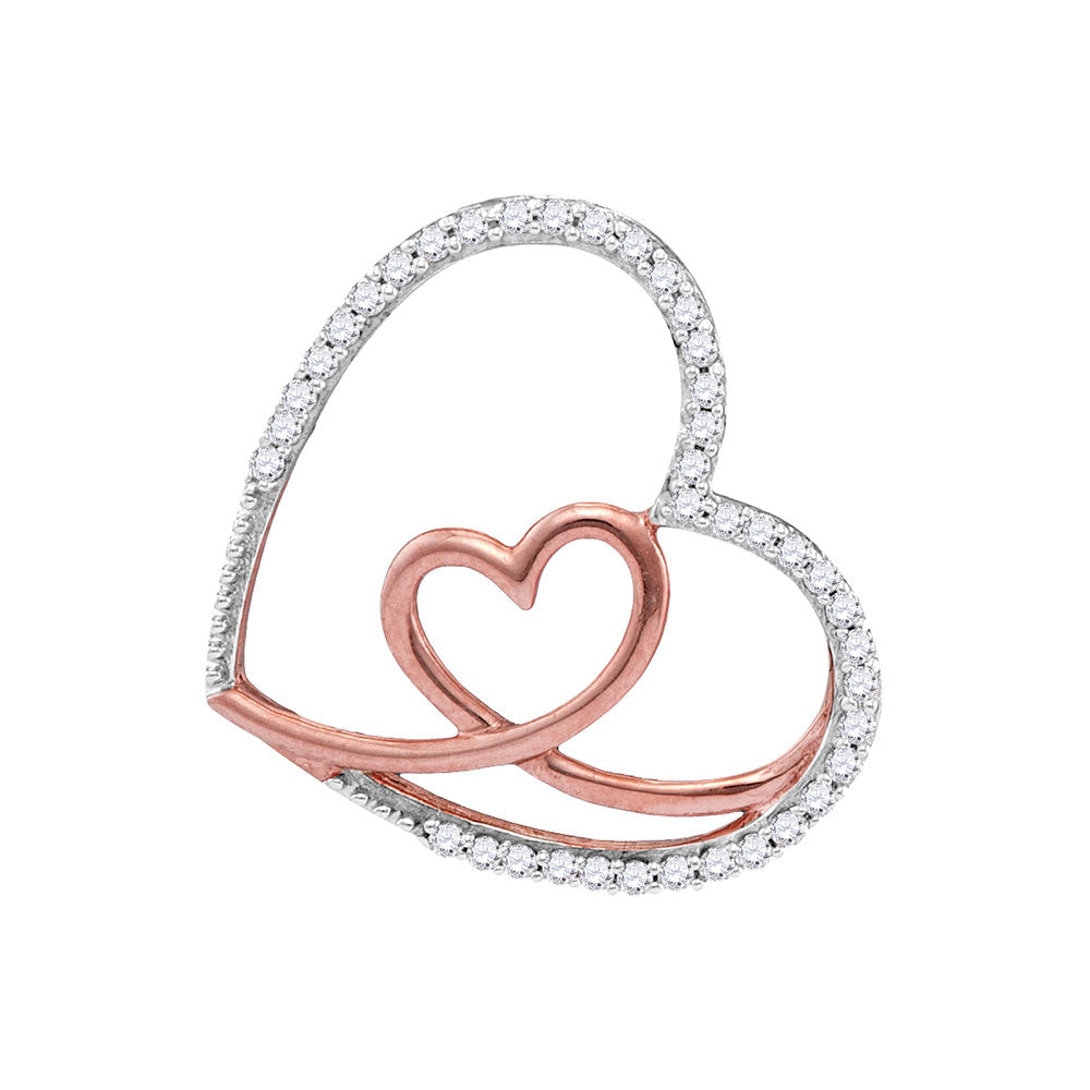 10kt White Gold Women's Diamond Rose Nested Heart Pendant 1/8 ctw
