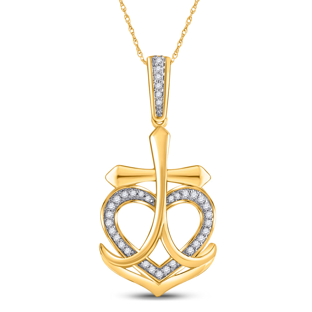 10kt Yellow Gold Women's Diamond Heart Cross Anchor Pendant 1/10 ctw