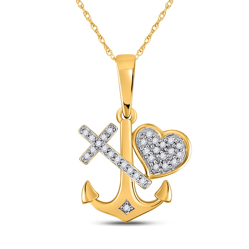 10kt Yellow Gold Women's Diamond Heart Cross Anchor Pendant 1/12 ctw