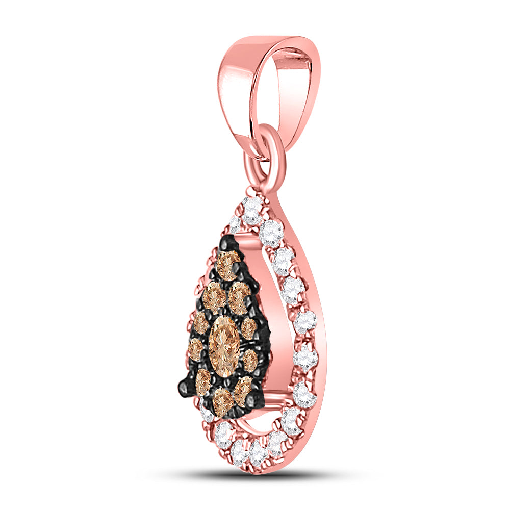 14kt Rose Gold Women's Brown Diamond Teardrop Cluster Pendant 1/3 ctw