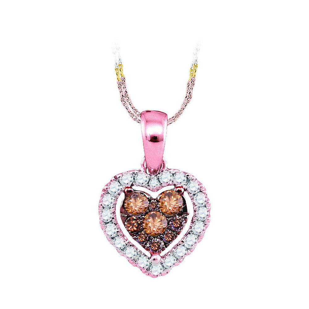 14kt Rose Gold Women's Brown Diamond Frame Heart Cluster Pendant 1/3 ctw