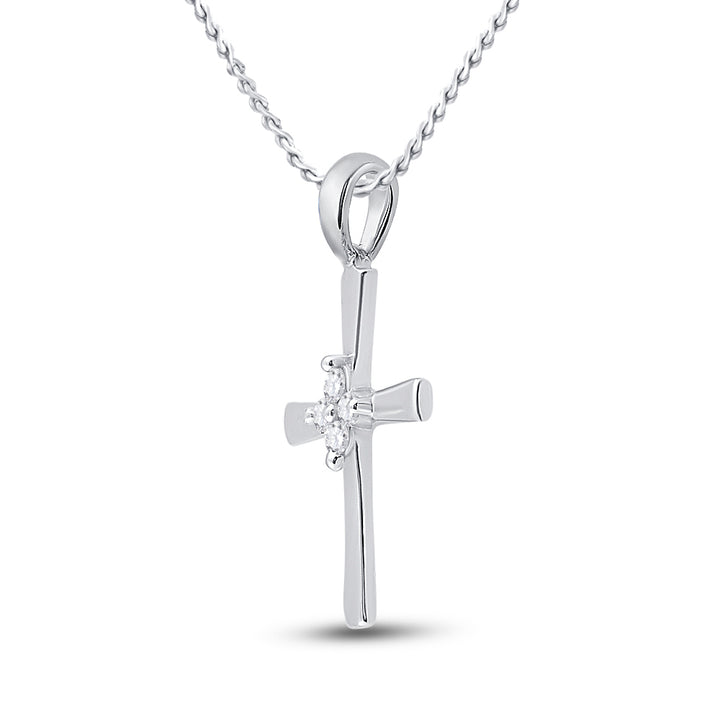 10kt White Gold Womens Round Diamond Simple Cross Religious Pendant 1/20 Cttw