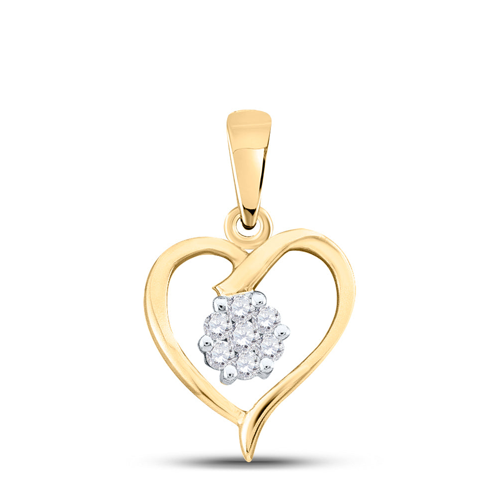10kt Yellow Gold Women's Diamond Flower Cluster Heart Pendant 1/12 ctw