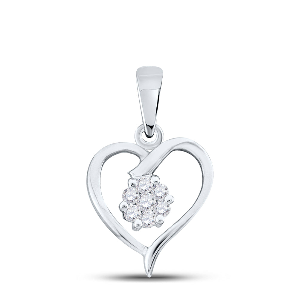 10kt White Gold Women's Diamond Flower Cluster Heart Pendant 1/12 ctw
