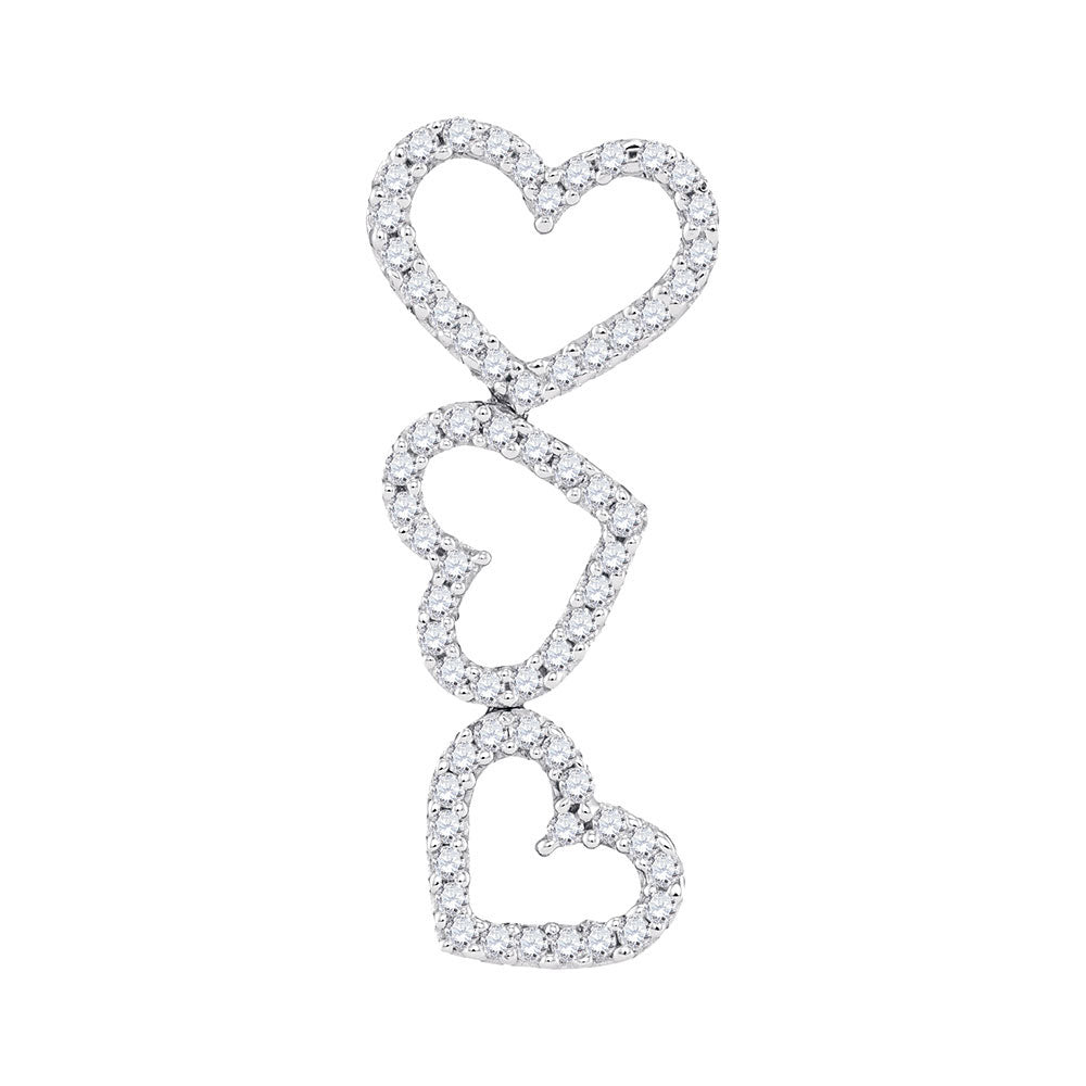 10kt White Gold Women's Diamond Triple Cascading Heart Outline Pendant 1/5 ctw