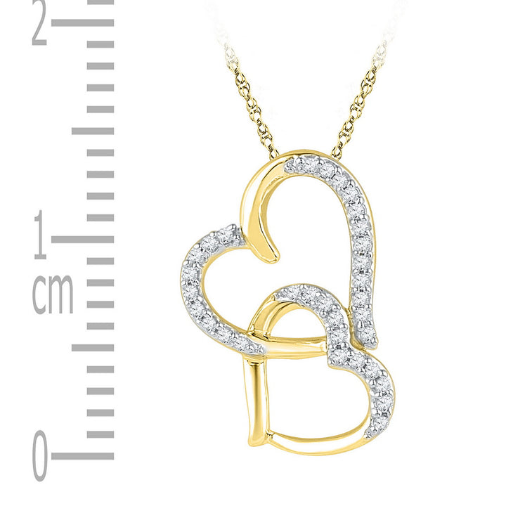 10kt Yellow Gold Womens Round Diamond Linked Double Heart Pendant 1/10 Cttw