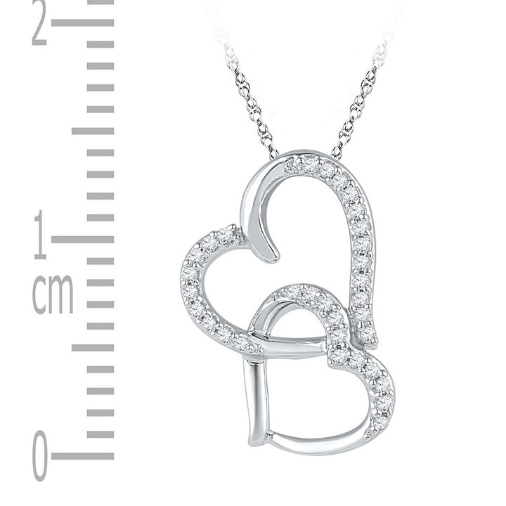 10kt White Gold Womens Round Diamond Linked Double Heart Pendant 1/10 Cttw