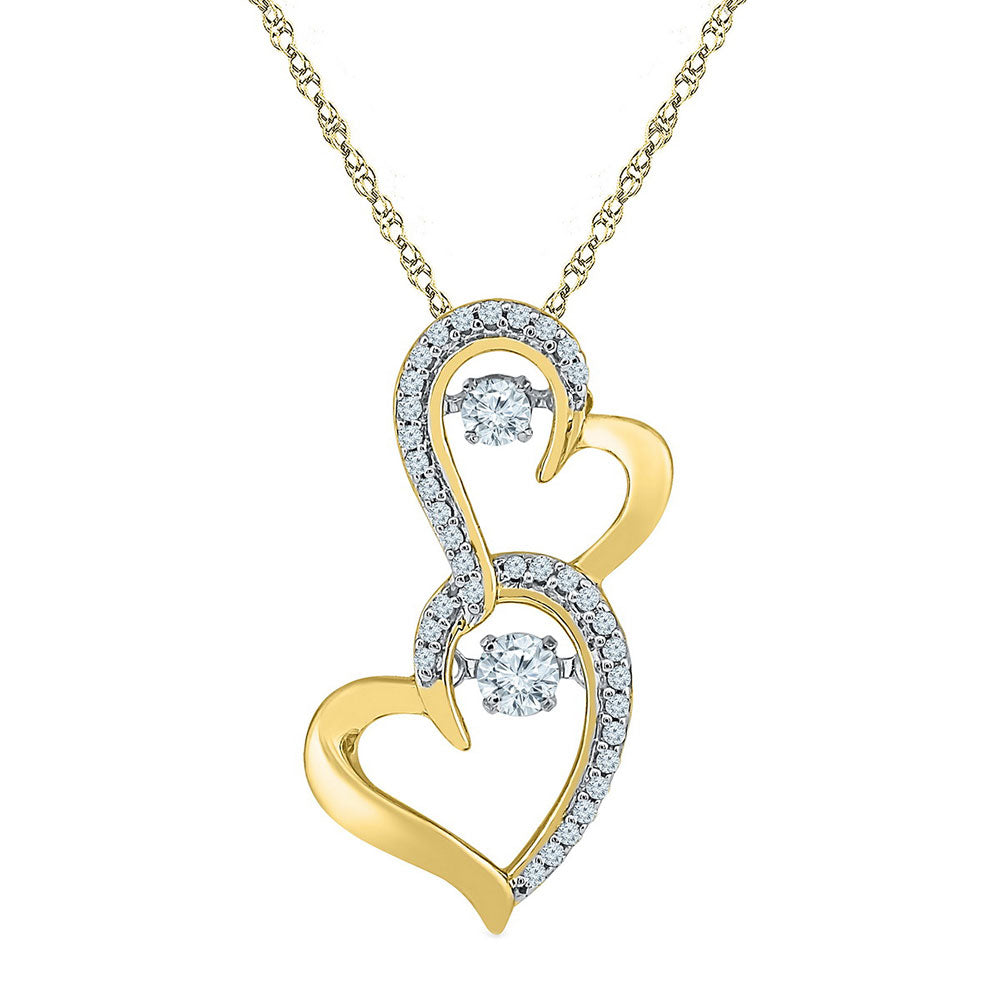10kt Yellow Gold Women's Diamond Moving Twinkle Solitaire Double Heart Pendant 1/4 ctw
