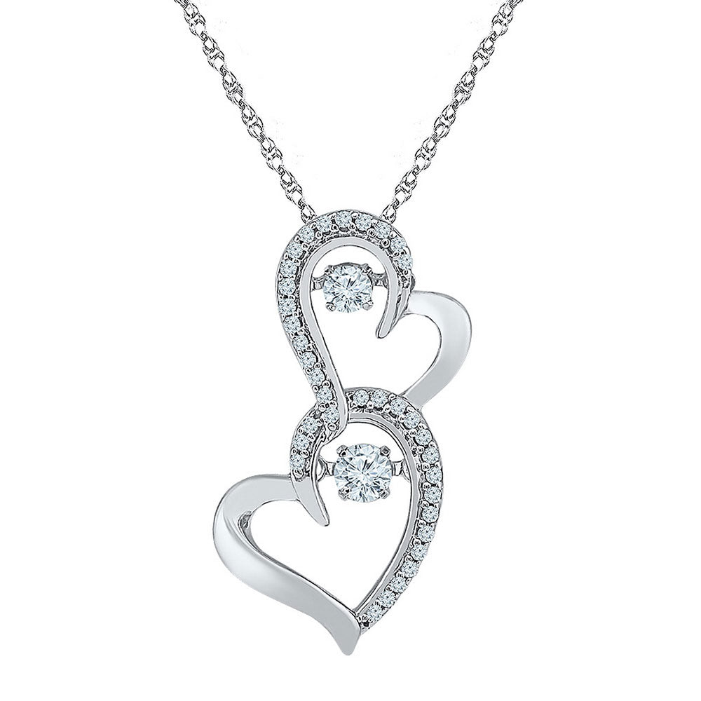 10kt White Gold Women's Diamond Moving Twinkle Solitaire Double Heart Pendant 1/4 ctw