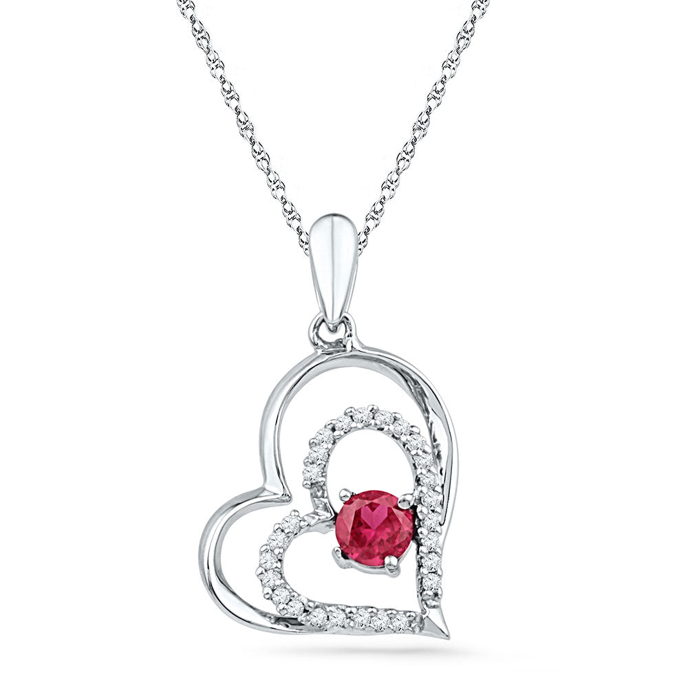 10kt White Gold Women's Lab-Created Ruby Heart Pendant 1/2 ctw