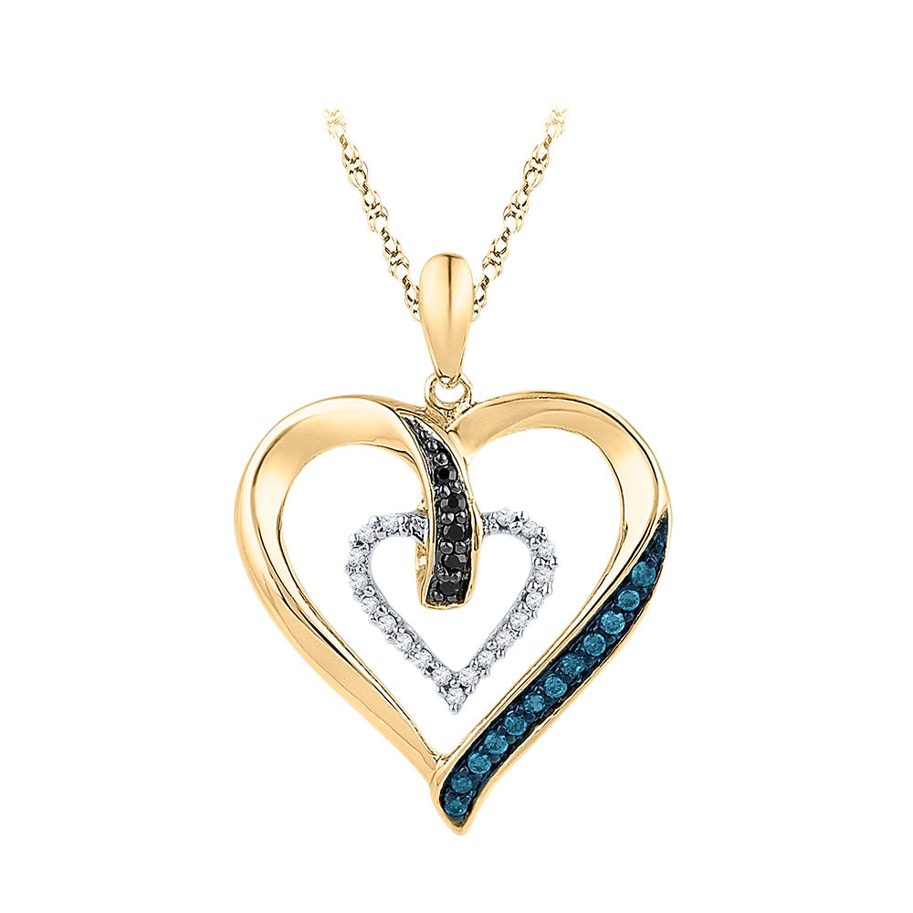 10kt Yellow Gold Women's Colored Blue Diamond & Colored Black Diamond Pendant 1/6 ctw