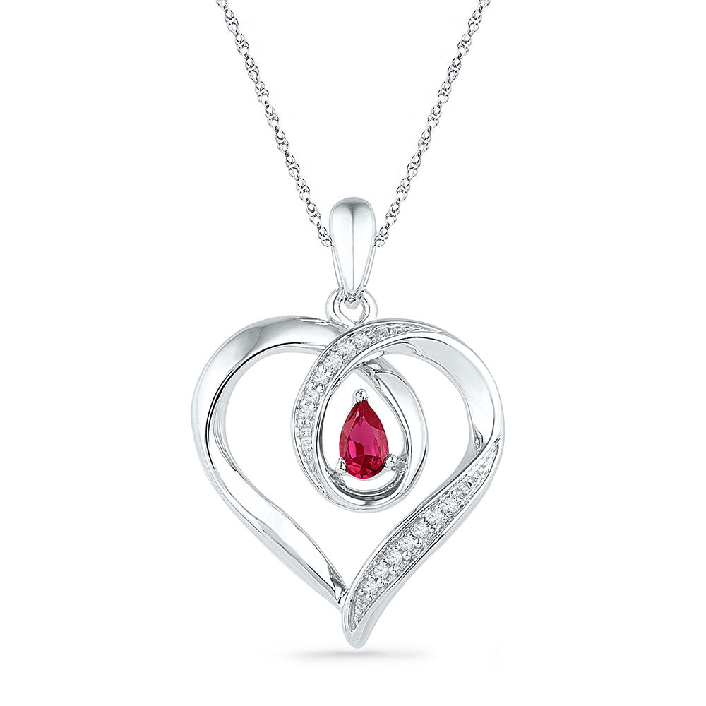 10kt White Gold Women's Pear Lab-Created Ruby Diamond Heart Pendant 1/20 ctw