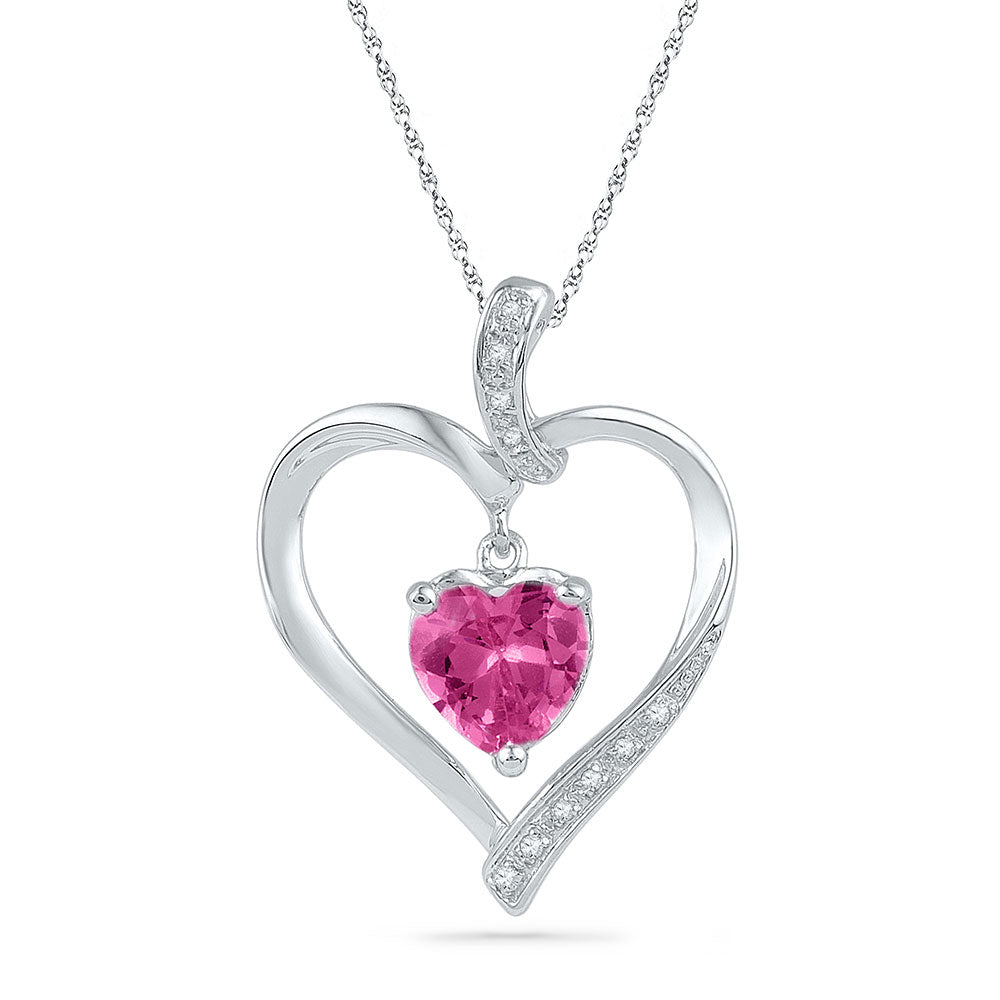 10kt White Gold Women's Lab-Created Pink Sapphire Heart Pendant 1-3/4 ctw