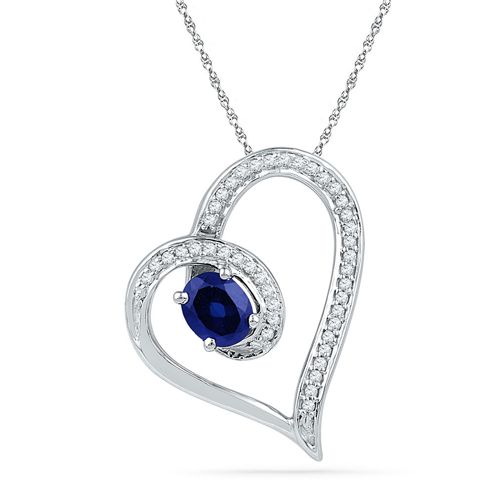 10kt White Gold Women's Oval Lab-Created Blue Sapphire Heart Outline Pendant 3/4 ctw