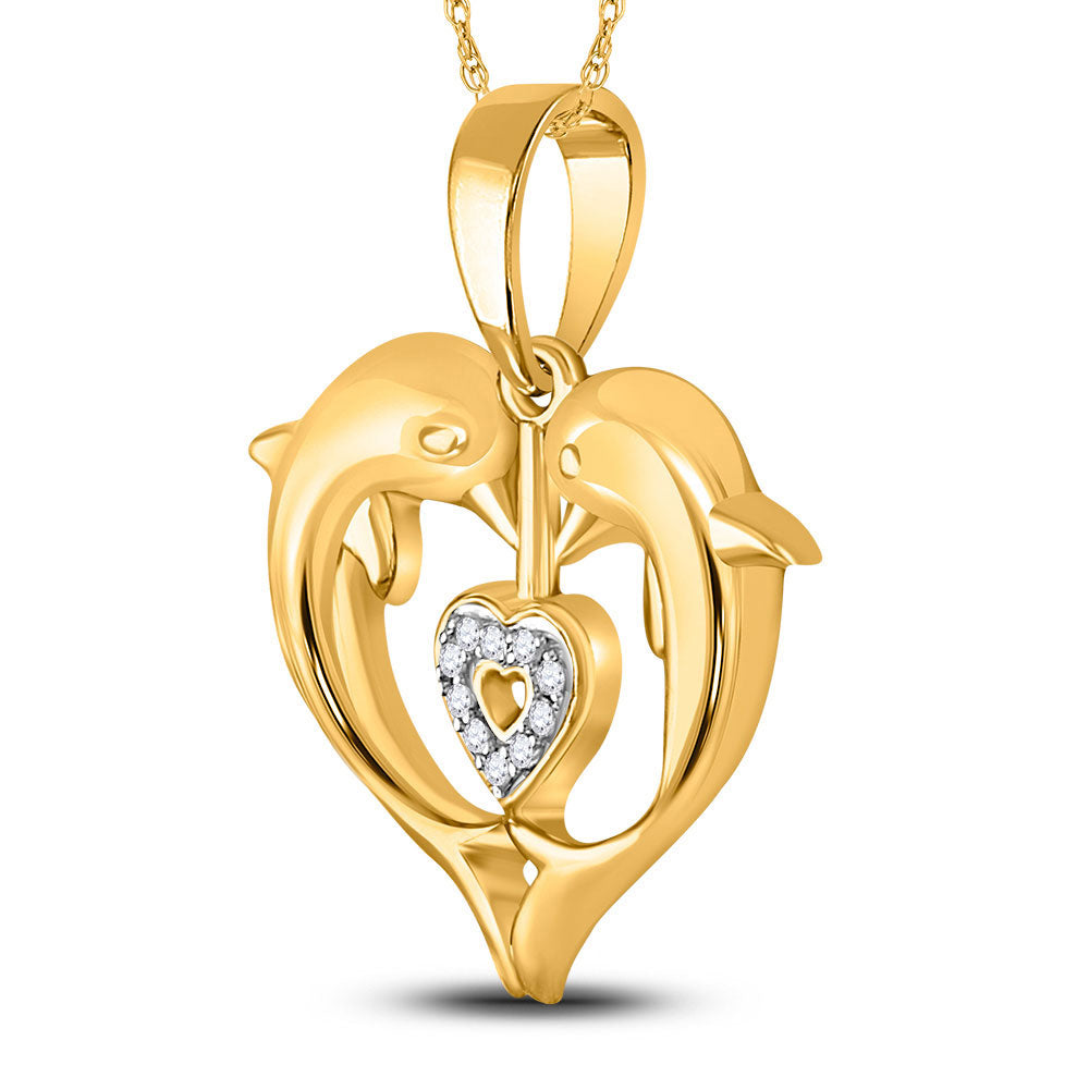 10kt Yellow Gold Women's Diamond Double Dolphin Heart Pendant .03 ctw