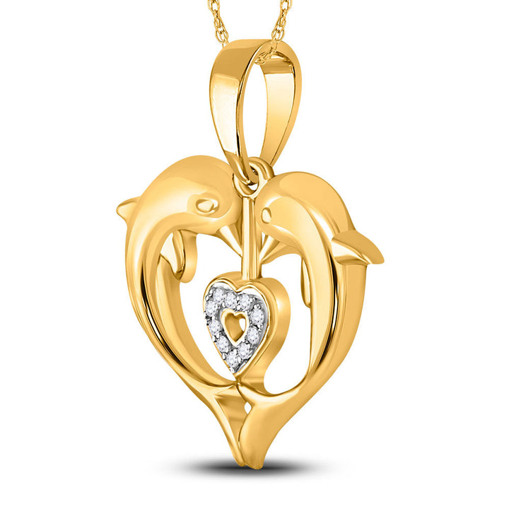 10kt Yellow Gold Women's Diamond Double Dolphin Heart Pendant .03 ctw